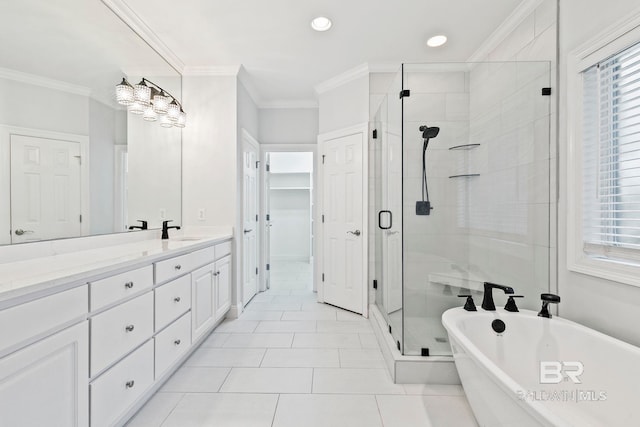 bathroom with crown molding, vanity, separate shower and tub, and a wealth of natural light