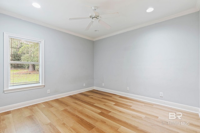 unfurnished room with light wood-type flooring, ceiling fan, and crown molding