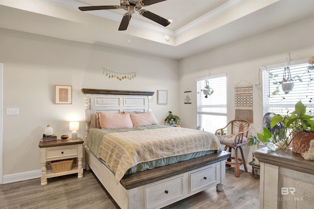 bedroom with a tray ceiling, ceiling fan, crown molding, and dark wood-type flooring