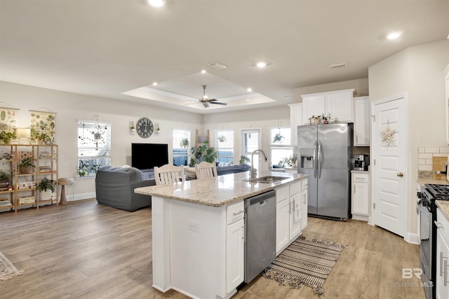 kitchen featuring stainless steel appliances, a tray ceiling, ceiling fan, sink, and an island with sink