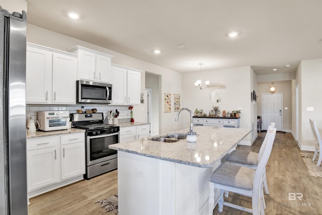 kitchen with a kitchen island with sink, sink, hanging light fixtures, decorative backsplash, and appliances with stainless steel finishes