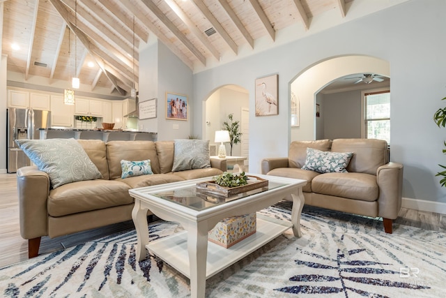 living room with wooden ceiling, high vaulted ceiling, ceiling fan, beamed ceiling, and wood-type flooring