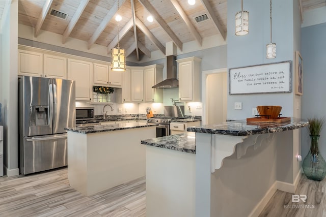 kitchen featuring a center island, hanging light fixtures, wall chimney exhaust hood, appliances with stainless steel finishes, and wood ceiling