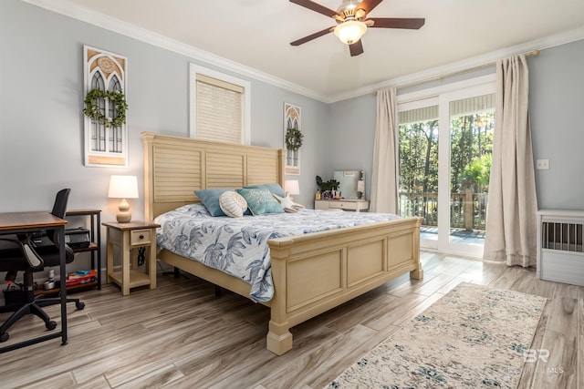 bedroom featuring access to exterior, ceiling fan, crown molding, and light hardwood / wood-style floors