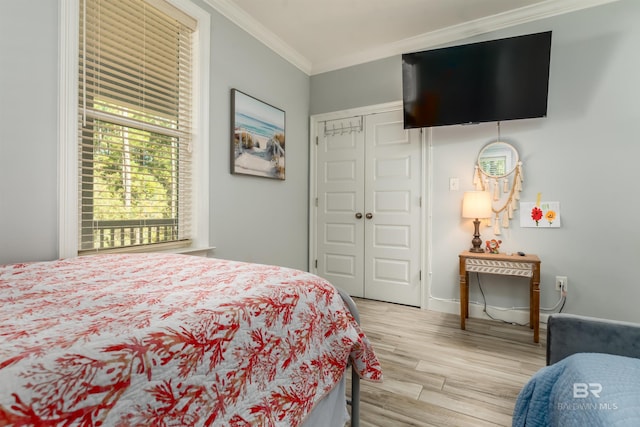 bedroom featuring light hardwood / wood-style floors, a closet, and ornamental molding