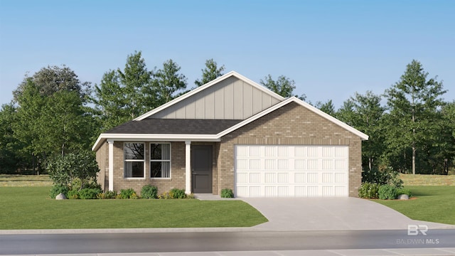 view of front of property featuring board and batten siding, a front lawn, brick siding, an attached garage, and driveway