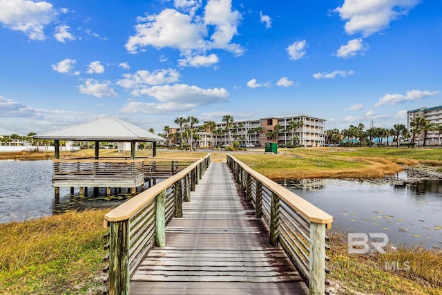 dock area featuring a water view and a gazebo