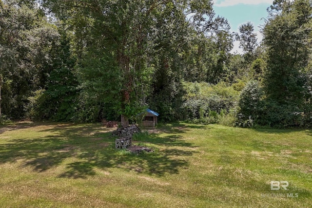 view of yard featuring an outdoor structure and a wooded view