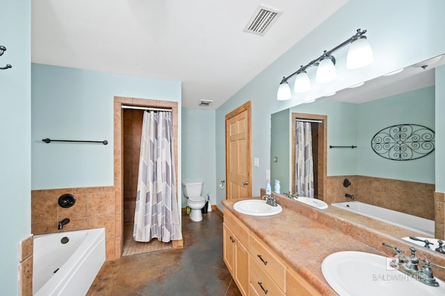 full bathroom featuring visible vents, toilet, a garden tub, and a sink