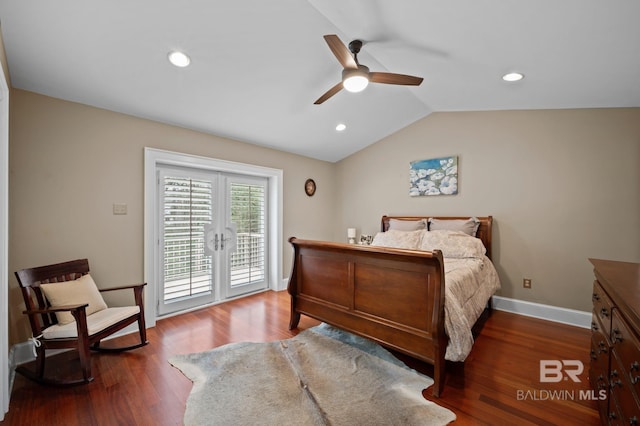 bedroom featuring baseboards, ceiling fan, access to exterior, dark wood-type flooring, and vaulted ceiling