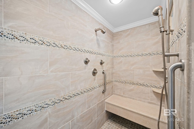 full bathroom featuring a shower stall and crown molding