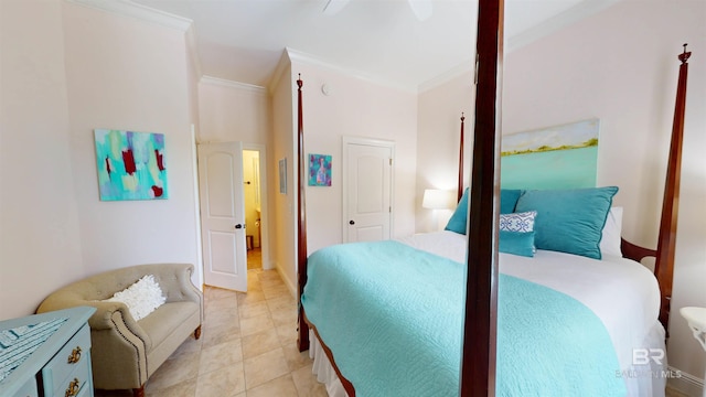 tiled bedroom featuring ceiling fan and crown molding