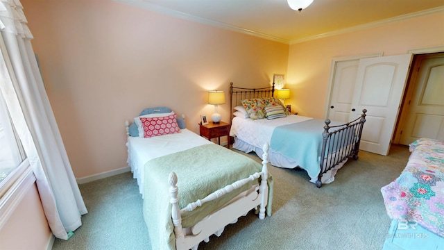 carpeted bedroom featuring ornamental molding and a closet