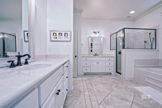 bathroom with shower with separate bathtub, vanity, and crown molding