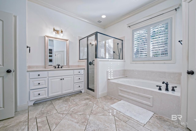 bathroom with independent shower and bath, vanity, and crown molding