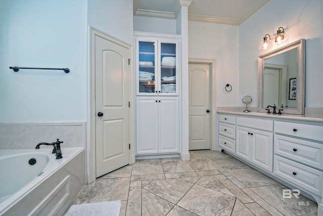 bathroom featuring a washtub, vanity, and crown molding