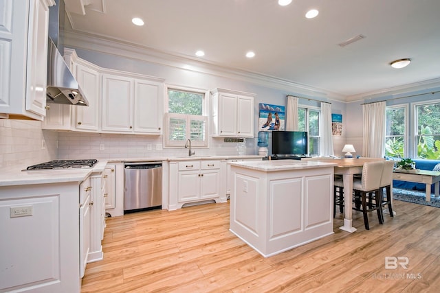 kitchen with light hardwood / wood-style flooring, a kitchen island, a wealth of natural light, and stainless steel appliances