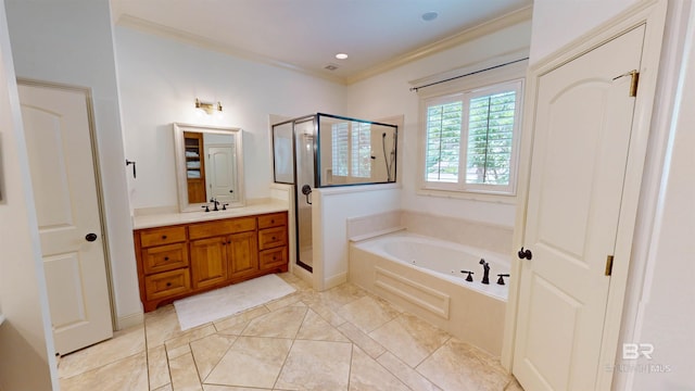 bathroom featuring tile patterned flooring, vanity, separate shower and tub, and ornamental molding