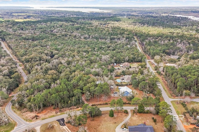 bird's eye view with a wooded view