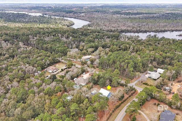 aerial view with a water view and a wooded view