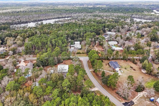 bird's eye view featuring a water view and a forest view