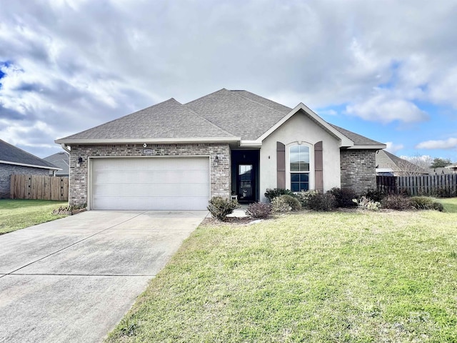 single story home featuring brick siding, a shingled roof, concrete driveway, fence, and a front lawn