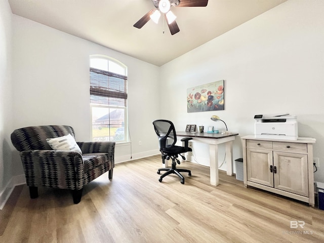 14775 Sonoma Blvd, Silverhill, AL 36576 - office area with lofted ceiling, a ceiling fan, light wood-type flooring, and baseboards