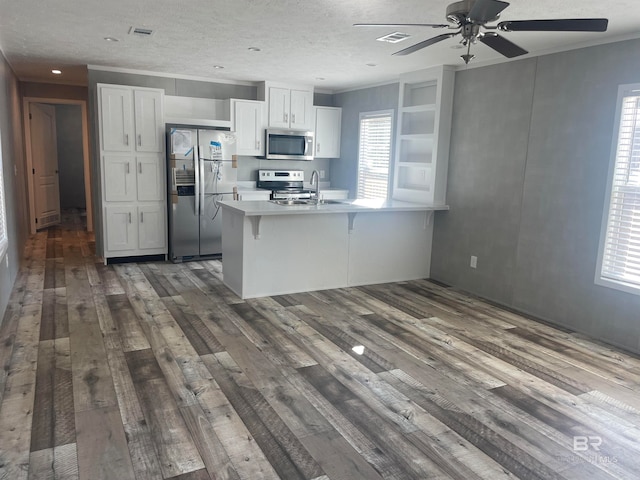 kitchen with white cabinetry, plenty of natural light, hardwood / wood-style floors, and appliances with stainless steel finishes