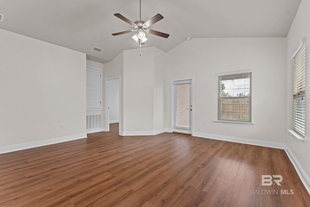 1464 Surrey Loop, Foley, AL 36535 - unfurnished living room featuring ceiling fan, dark wood-style floors, and lofted ceiling