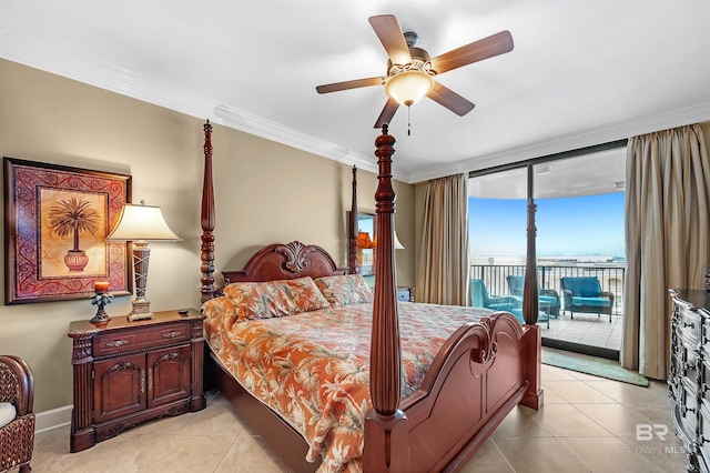 tiled bedroom featuring ceiling fan, access to exterior, and ornamental molding