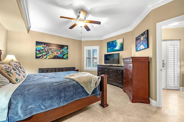 bedroom featuring ceiling fan, crown molding, and light tile patterned floors