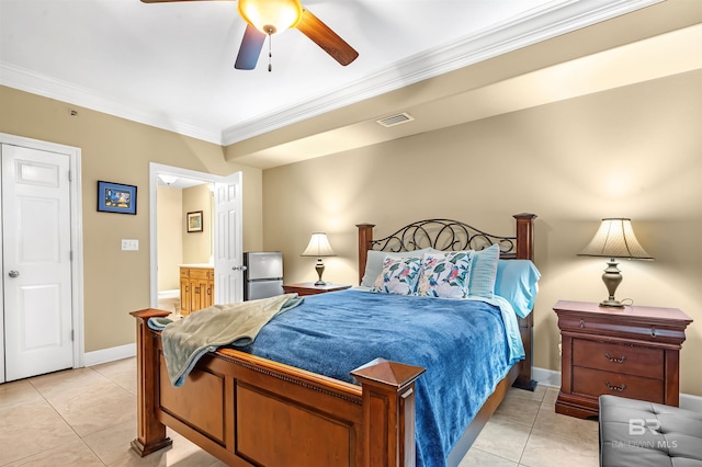 bedroom featuring ornamental molding, light tile patterned flooring, and ceiling fan