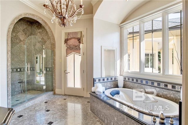 bathroom featuring shower with separate bathtub, a healthy amount of sunlight, and crown molding