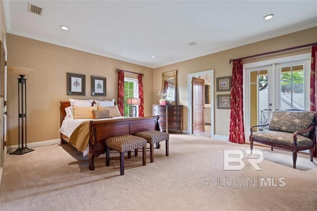 carpeted bedroom featuring french doors, crown molding, access to exterior, and multiple windows