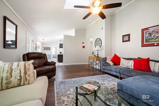 521 Parkwood Ave, Daphne, AL 36526 - living area with lofted ceiling, dark wood-type flooring, ceiling fan, and crown molding
