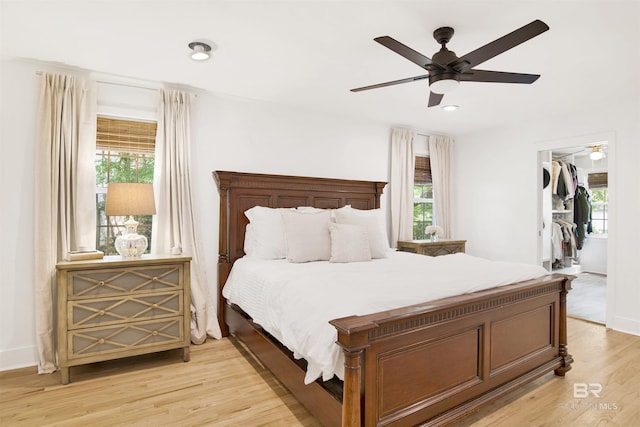 bedroom with light wood-style flooring, ceiling fan, a closet, recessed lighting, and a walk in closet