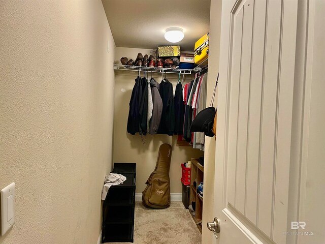 walk in closet featuring light carpet