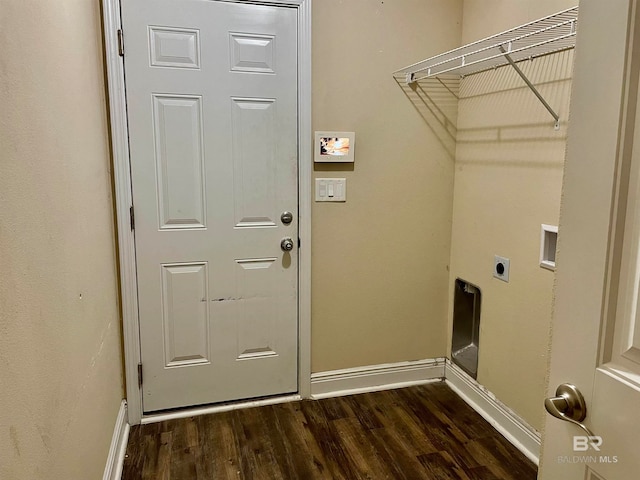 laundry room with electric dryer hookup, dark hardwood / wood-style floors, and washer hookup