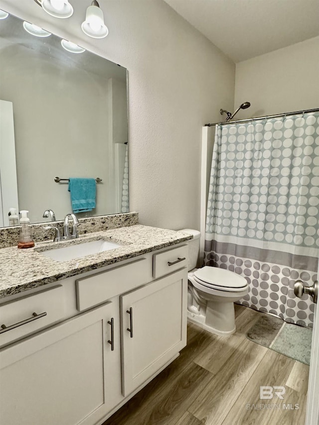 bathroom with vanity, wood finished floors, toilet, and a shower with curtain