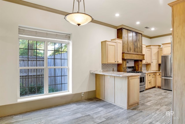 kitchen featuring decorative backsplash, premium range hood, stainless steel appliances, and light brown cabinets