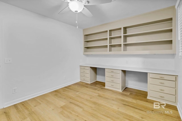 18 Rollins Pl, Atmore, AL 36502 - unfurnished office with ceiling fan, built in desk, and light wood-type flooring