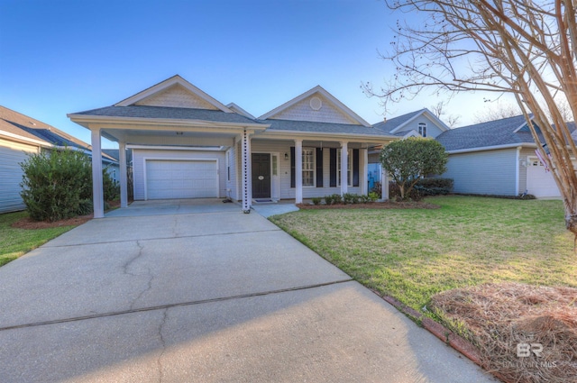 ranch-style house with a garage, a porch, and a front lawn