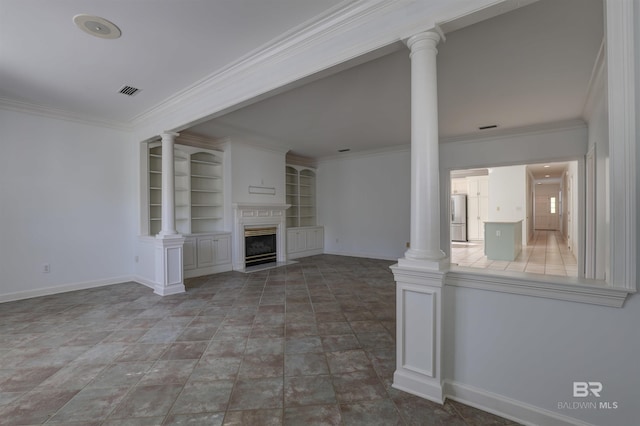 unfurnished living room featuring ornate columns, built in features, and ornamental molding