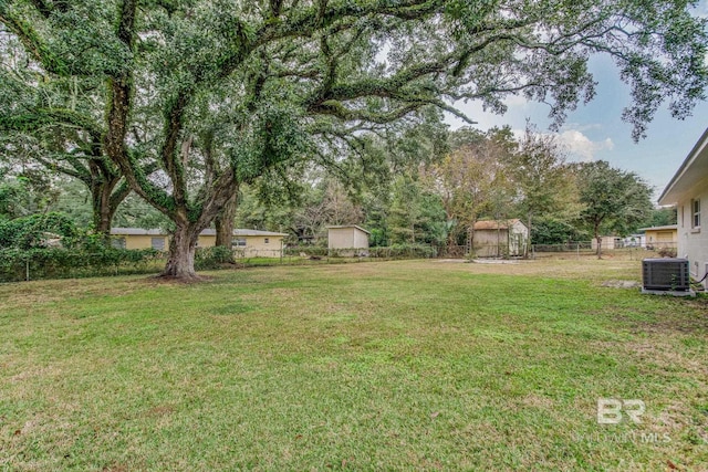 view of yard featuring central AC unit and a shed