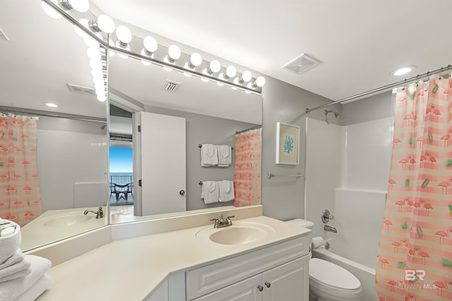 full bathroom featuring shower / bathtub combination with curtain, visible vents, and vanity