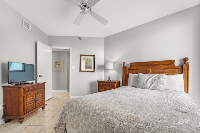 bedroom with light tile patterned floors, baseboards, visible vents, and a ceiling fan