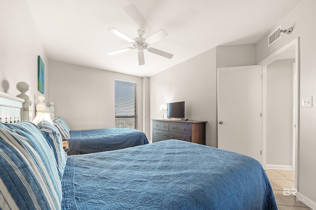 tiled bedroom featuring visible vents, ceiling fan, and baseboards