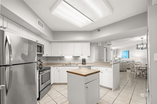 kitchen with stainless steel appliances, a peninsula, wood counters, visible vents, and open floor plan