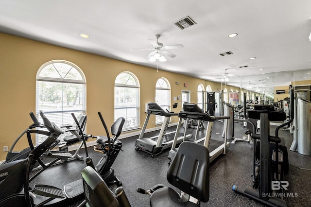 workout area with ceiling fan and plenty of natural light