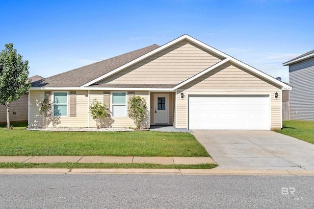 single story home featuring a front yard and a garage